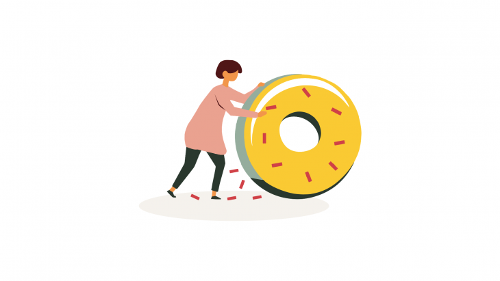 A woman figure moving a donut forward